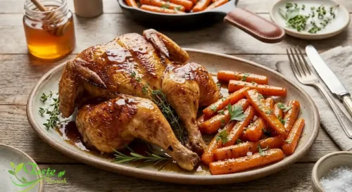 Honey glazed carrots served as a side dish next to roasted chicken