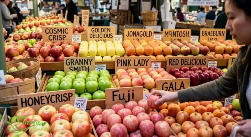 Rows of different apple varieties at a market for choosing fresh apples