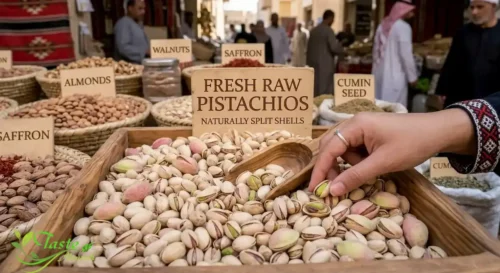 Fresh raw pistachios with naturally split shells ready for selection