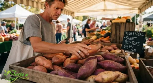 Fresh raw sweet potatoes being selected
