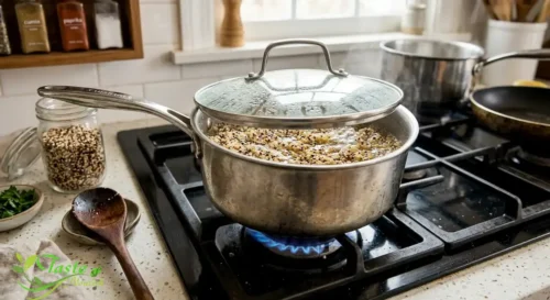quinoa simmering on the stove during cooking