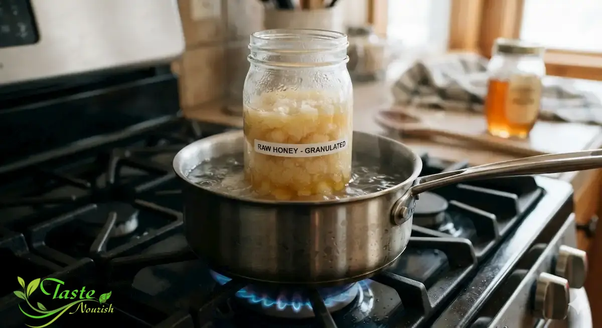 How to Liquefy Honey: The Fastest, Safest Ways to Melt Hardened or Crystallized Honey How to Liquefy Honey: Jar of crystallized honey sitting in a warm water bath on the stove