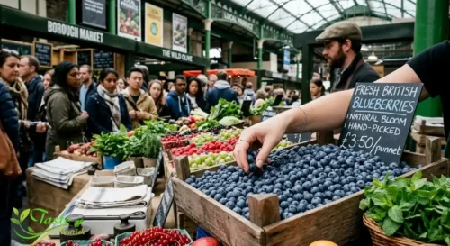 Fresh ripe blueberries with natural bloom being selected at a market