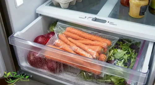 Carrots stored in a perforated bag inside a refrigerator crisper drawer