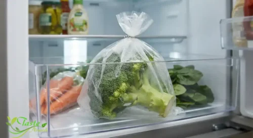 Fresh broccoli stored in a produce bag inside a refrigerator