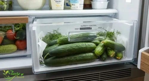 Fresh whole cucumbers being stored in a refrigerator crisper drawer