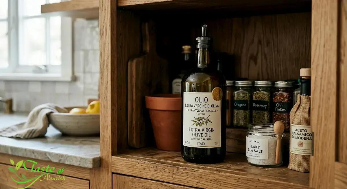 How to Store Olive Oil: Best Way to Keep It Fresh & Flavorful How to Store Olive Oil: Dark glass olive oil bottle stored in a cool kitchen cabinet