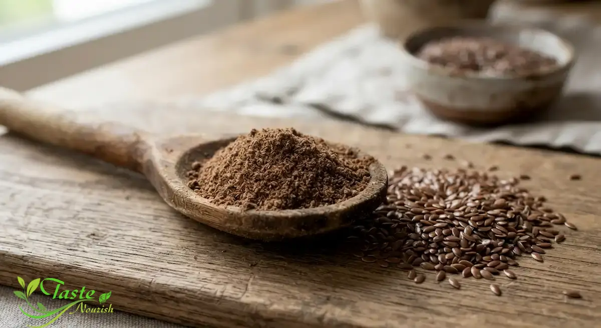 How to Use Flax Seeds: A Practical Guide to Adding Them to Your Diet Ground flax seeds in a wooden spoon next to whole flax seeds