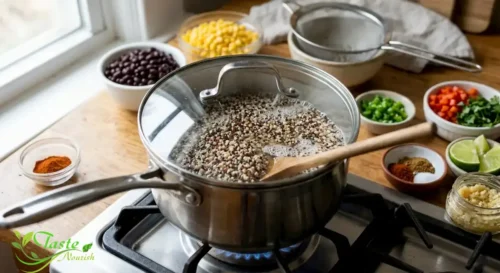Quinoa simmering in a saucepan while cooking for a southwest quinoa salad recipe