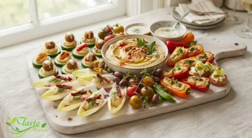Finished veggie and hummus bites appetizer platter arranged for a party