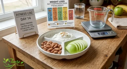 Almonds paired with apple slices and yogurt as a healthy weight loss snack