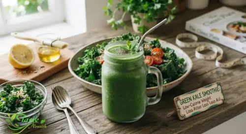 Green kale smoothie in a glass, a low-calorie way to add kale for weight loss