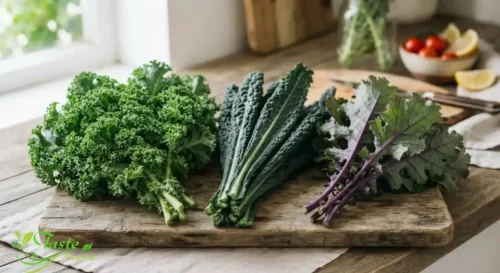 Curly, lacinato, and red Russian kale varieties