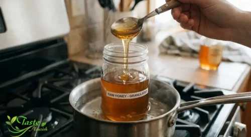 How to Liquefy Honey: Spoon drizzling smooth liquid honey back into a glass jar