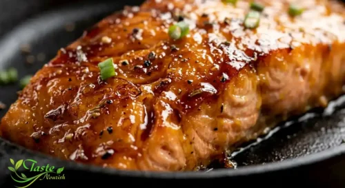 caramelized maple glazed salmon showing glossy texture
