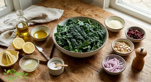 Ingredients for massaged kale salad including kale, lemon, olive oil, and Parmesan