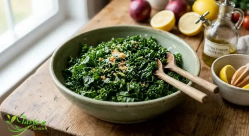 Massaged kale salad with lemon and olive oil in a serving bowl