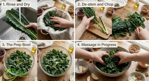 Hands massaging kale leaves with olive oil and lemon juice in a bowl