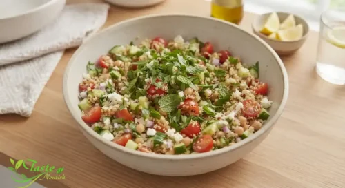 serving of easy mediterranean quinoa salad garnished with fresh mint and parsley
