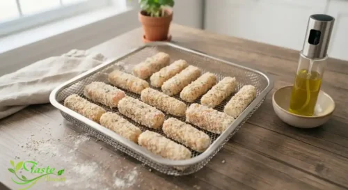 Breaded mozzarella sticks arranged in air fryer basket before cooking