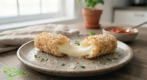 Close-up of golden crispy air fryer mozzarella stick cheese pull