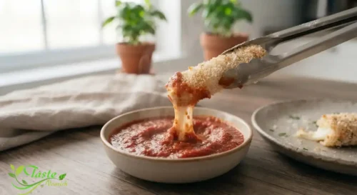 Air fryer mozzarella stick dipped into warm marinara sauce