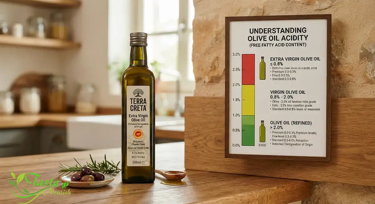 Olive Oil Acidity Level Meaning: What It Is and Why It Matters Bottle of extra virgin olive oil beside a chart showing acidity percentage ranges