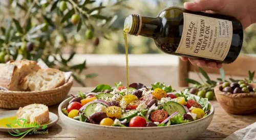 How to Choose Extra Virgin Olive Oil: Extra virgin olive oil being drizzled over a fresh salad as a finishing oil