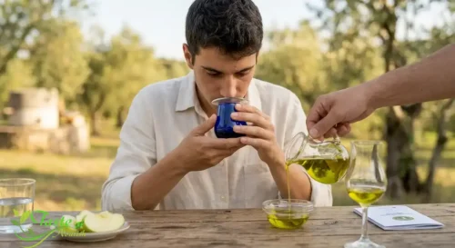 How to Tell If Olive Oil Is Real: Small glass of golden-green olive oil being tasted for freshness