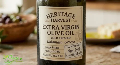 How to Choose Extra Virgin Olive Oil: olive oil label showing harvest date and country of origin