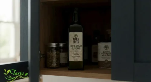 Olive oil bottle stored in a cool, dark kitchen cabinet away from the stove