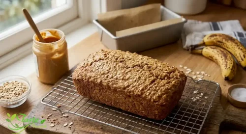Golden baked peanut butter banana bread loaf cooling