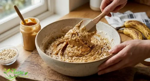 Peanut butter banana bread batter being folded together
