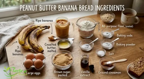 Ingredients for peanut butter banana bread recipe, including ripe bananas, peanut butter, eggs, and flour