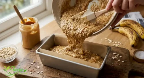 Peanut butter banana bread batter poured into a lined loaf