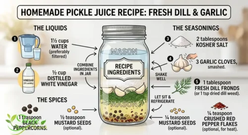 Ingredients for a homemade pickle juice recipe including vinegar, salt, garlic, and dill