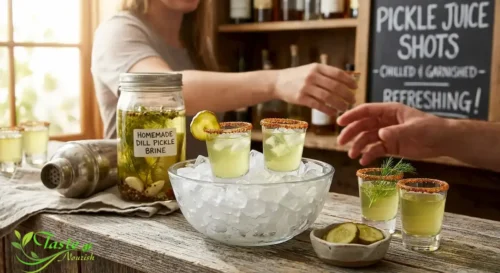 Chilled pickle juice recipe served in small shot glasses with ice