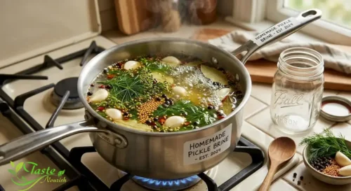 Pickle brine simmering in a saucepan for a homemade pickle juice recipe
