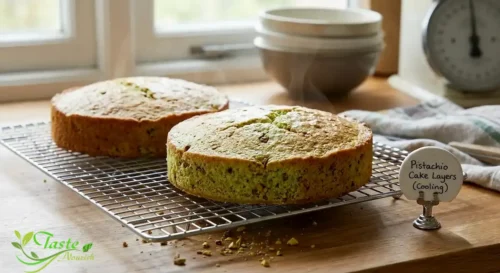 Two baked pistachio cake layers cooling