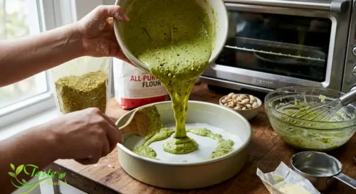 Pistachio cake batter being poured into a round cake pan
