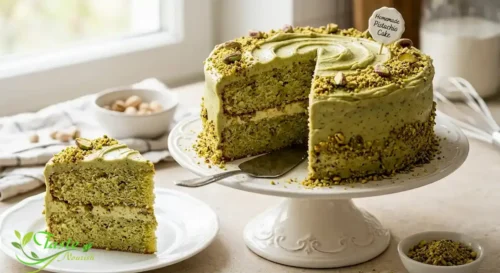Sliced pistachio cake recipe with cream cheese frosting