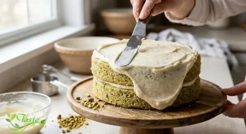 Cream cheese frosting being spread over a pistachio layer cake