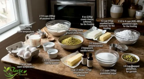 Ingredients for a moist pistachio cake from scratch, including ground pistachios and buttermilk