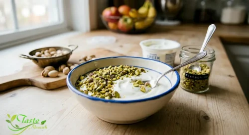 Crushed pistachios sprinkled over Greek yogurt as a healthy weight loss snack idea