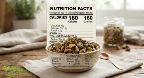 Pistachio nutrition facts chart showing calories, protein, fat, and fiber per ounce