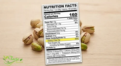 Nutrition facts label showing calories, protein, and fiber in a 1-ounce serving of pistachios