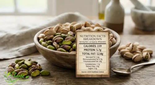 Protein in Pistachios: Nutrition facts breakdown showing protein, calories, and fat in a one-ounce serving of pistachios