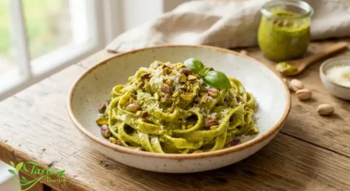 Calories in Pistachios: Pistachio pesto pasta dish garnished with crushed pistachios