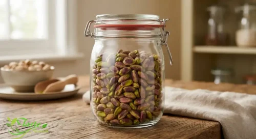 Shelled pistachios stored in an airtight glass jar for freshness