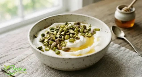 Greek yogurt topped with chopped pistachios and honey as a high-protein snack